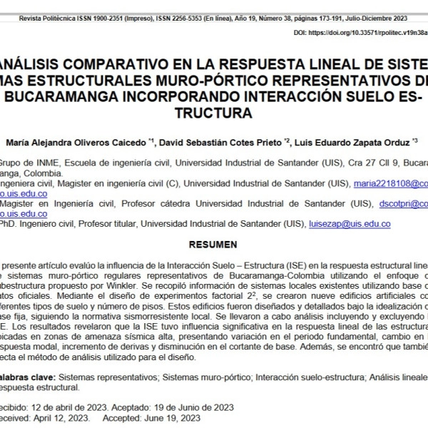 Análisis comparativo en la respuesta lineal de sistemas estructurales muro-pórtico representativos de Bucaramanga incorporando interacción suelo estructura